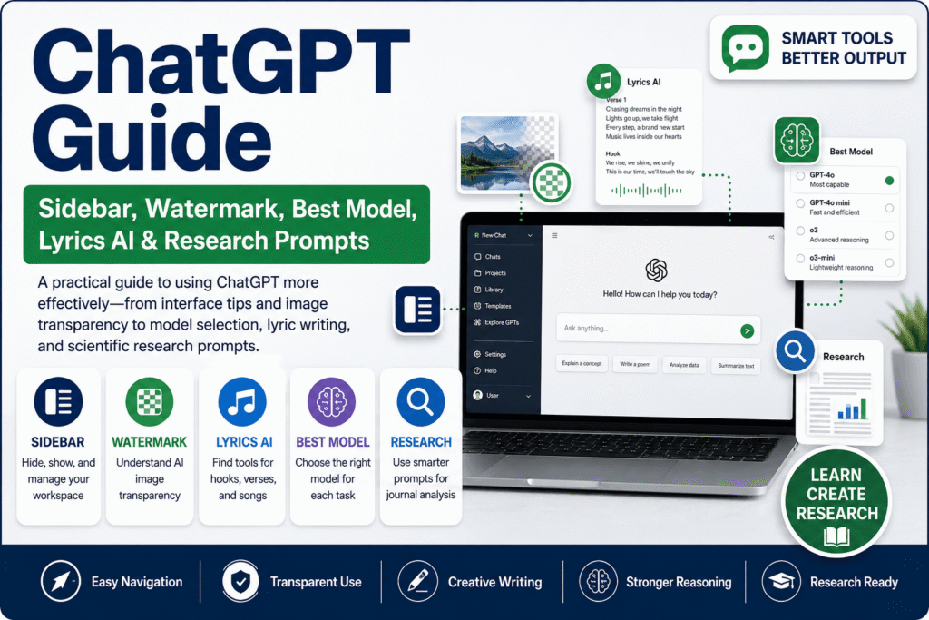 ChatGPT Guide Sidebar, Watermark, Best Model, Lyrics AI & Research Prompts
