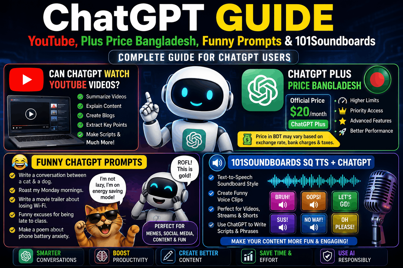ChatGPT YouTube, Plus Price Bangladesh, Funny Prompts & 101Soundboards Guide