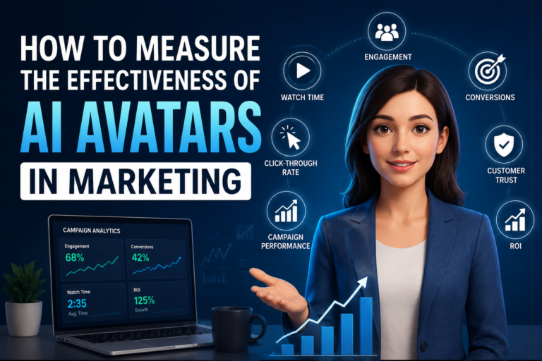 # How to Measure the Effectiveness of AI Avatars in Marketing **Meta Title:** Measure AI Avatars in Marketing **Meta Description:** Learn how to measure the effectiveness of AI avatars in marketing using engagement, conversions, ROI, customer trust, and campaign performance metrics. **Focus Keyword:** how to measure the effectiveness of AI avatars in marketing AI avatars are becoming popular in digital marketing because they can speak, explain, guide, and interact with customers in a human-like way. Many brands now use AI avatars in videos, ads, websites, product demos, customer support, and social media campaigns. But using an AI avatar is not enough. You also need to know whether it is actually helping your business. To measure the effectiveness of AI avatars in marketing, you should track engagement, conversions, customer trust, watch time, lead quality, retention, cost savings, and return on investment. ## Introduction Marketing is changing fast, and AI avatars are now becoming a strong part of online campaigns. Businesses use them to create videos, explain products, answer customer questions, and make content more engaging. However, the real value of an AI avatar is not just how modern it looks. The real value comes from results. If your AI avatar is not improving engagement, sales, leads, or customer experience, then it may not be helping your marketing goals. This guide explains how to measure the effectiveness of AI avatars in marketing using simple and practical methods. You will learn which metrics matter, how to track results, and how to improve your AI avatar campaigns. ## What Are AI Avatars in Marketing? AI avatars are digital characters created with artificial intelligence. They can look like real people, animated characters, brand representatives, virtual influencers, or talking assistants. In marketing, AI avatars are used to communicate with customers in a more visual and interactive way. They can present a product, explain a service, answer questions, or appear in video ads and social media posts. Common uses of AI avatars include: * Product explanation videos * Social media marketing videos * Website welcome messages * Customer support assistants * Training and onboarding content * Virtual influencers * Personalized marketing messages * E-commerce product guides For example, an online clothing brand can use an AI avatar to explain size, fabric, styling tips, and offers. A software company can use an AI avatar to explain product features in a short video. ## Why Measuring AI Avatar Performance Matters Many businesses start using AI avatars because they look attractive and modern. But without proper measurement, you cannot know whether the avatar is helping your campaign or just adding decoration. Measuring AI avatar performance helps you understand what is working and what needs improvement. It also helps you decide whether your investment in AI avatar tools is worth it. You should measure AI avatar performance because it helps you know: * Whether people are watching your avatar content * Whether users are clicking your links * Whether the avatar is increasing conversions * Whether customers trust the avatar * Whether your campaign cost is decreasing * Whether the avatar is improving brand awareness * Whether the avatar is better than normal content A good AI avatar should support your marketing goal. It should not only look good but also help customers understand your offer and take action. ## Set a Clear Goal First Before measuring anything, you need to set a clear goal. Without a goal, you may track the wrong numbers. For example, if your goal is brand awareness, then views, reach, impressions, and shares are important. But if your goal is sales, then conversion rate, revenue, and cost per acquisition matter more. Common AI avatar marketing goals include: * Increase website engagement * Generate more leads * Increase product sales * Improve customer support * Reduce video production cost * Improve brand recall * Increase social media reach * Explain products clearly * Improve customer trust Once your goal is clear, it becomes easier to choose the right metrics. ## Key Metrics to Measure AI Avatar Effectiveness To measure the effectiveness of AI avatars in marketing, you need to look at different metrics together. One number is not enough. For example, a video may get many views but no sales. Another avatar campaign may get fewer views but bring high-quality leads. That is why you should measure both engagement and business results. The most important metrics are: | Metric | What It Measures | Why It Matters | | ----------------- | -------------------------------- | ----------------------- | | Engagement rate | Likes, comments, shares, clicks | Shows audience interest | | Watch time | How long people watch | Shows content quality | | Conversion rate | Actions taken by users | Shows business impact | | CTR | Clicks from views or impressions | Shows message strength | | ROI | Profit from campaign | Shows financial value | | Customer feedback | Trust and satisfaction | Shows user experience | | Lead quality | Quality of generated leads | Shows sales potential | ## 1. Engagement Rate Engagement rate shows how people interact with your AI avatar content. If users like, comment, share, save, or click, it means your avatar is getting attention. This is especially important for social media, video ads, and website content. A good AI avatar should make people stop, watch, and interact. You can track engagement through: * Likes * Comments * Shares * Saves * Clicks * Reactions * Chat interactions * Time spent on page * Social media replies If your AI avatar videos get more comments and shares than normal videos, it means the avatar is helping your content perform better. ## 2. Video Watch Time Most AI avatars are used in video content, so watch time is very important. Watch time tells you how long people stay with your video. If viewers leave after a few seconds, your avatar intro may not be strong. If people watch most of the video, it means your avatar is keeping them interested. Important video metrics include: * 3-second views * Average watch time * 25% video completion * 50% video completion * 75% video completion * Full video completion rate For example, if your normal product video has an average watch time of 20 seconds and your AI avatar video has 45 seconds, the avatar may be improving audience attention. ## 3. Click-Through Rate Click-through rate, also called CTR, shows how many people clicked after seeing your AI avatar content. This metric is useful for ads, landing pages, emails, social media posts, and website banners. A higher CTR means your message is convincing enough to make users take the next step. Formula: **CTR = Total Clicks / Total Impressions × 100** For example, if your AI avatar ad gets 10,000 impressions and 500 clicks, your CTR is 5%. A good AI avatar should guide users clearly and encourage them to click without sounding too robotic or forced. ## 4. Conversion Rate Conversion rate is one of the most important metrics in marketing. It shows how many users completed your desired action. A conversion can be: * Buying a product * Filling a contact form * Signing up for a newsletter * Booking a call * Downloading a guide * Starting a free trial * Clicking an affiliate link Formula: **Conversion Rate = Total Conversions / Total Visitors × 100** If your landing page without an AI avatar converts at 3% and the page with an AI avatar converts at 5%, then the avatar is likely helping your campaign. ## 5. Return on Investment Return on investment, or ROI, shows whether your AI avatar campaign is profitable. This is important because AI avatar tools, video editing, scripts, and ads may cost money. Formula: **ROI = Revenue - Campaign Cost / Campaign Cost × 100** You should include all campaign costs such as: * AI avatar tool subscription * Script writing cost * Video editing cost * Ad budget * Landing page design * Voiceover or customization cost If your AI avatar campaign brings more revenue than it costs, it is effective. ## 6. Cost Per Acquisition Cost per acquisition, or CPA, tells you how much money you spend to get one customer. Formula: **CPA = Total Campaign Cost / Total Customers Acquired** For example, if you spend $500 on an AI avatar campaign and get 25 customers, your CPA is $20. If your normal ad campaign has a CPA of $30 and your AI avatar campaign has a CPA of $20, then the avatar campaign is performing better. ## 7. Lead Quality Getting more leads is good, but getting quality leads is better. Sometimes AI avatar campaigns bring many leads, but those leads may not turn into customers. That is why you should measure lead quality, not just lead quantity. Track these lead quality metrics: * Qualified leads * Sales calls booked * Email replies * Demo requests * Lead-to-customer rate * Average deal size * Customer interest level A good AI avatar should explain your offer clearly. This helps attract people who are actually interested in your product or service. ## 8. Customer Trust and Feedback AI avatars should feel helpful, clear, and trustworthy. If people feel confused or uncomfortable, the avatar may damage your brand image. Customer feedback helps you understand how users feel about the avatar. You can ask questions like: * Was the AI avatar helpful? * Did the avatar explain the product clearly? * Did the avatar feel trustworthy? * Was the voice natural? * Would you interact with this avatar again? * Did the avatar make the content easier to understand? You can collect feedback through surveys, comments, reviews, chat ratings, and customer support forms. ## 9. Website Behavior If your AI avatar is used on a website, you should measure how visitors behave after seeing it. Website behavior can show whether the avatar is helping users stay longer, click more, and understand your content better. Important website metrics include: * Bounce rate * Time on page * Scroll depth * Button clicks * Form submissions * Product page visits * Cart additions * Checkout starts For example, if people spend more time on a product page with an AI avatar, it means the avatar may be improving product understanding. ## 10. Social Media Performance AI avatars are commonly used on TikTok, Instagram, YouTube Shorts, Facebook, and LinkedIn. For social media, you should track both reach and engagement. Important social media metrics include: * Views * Reach * Impressions * Watch time * Shares * Comments * Saves * Profile visits * Follower growth * Link clicks Also read the comments carefully. Comments can show whether people like the avatar, trust it, or find it strange. ## 11. Customer Support Impact Some businesses use AI avatars as virtual assistants for customer support. In this case, the goal is not always direct sales. The goal may be to reduce support workload and improve customer experience. You can measure support impact through: * Questions answered * Average response time * Customer satisfaction score * Human agent handoff rate * Support ticket reduction * Resolution rate * Repeat questions If your AI avatar answers common questions and reduces support tickets, it is saving time and money. ## 12. Brand Awareness Sometimes AI avatars are used to make a brand more memorable. In this case, you need to measure brand awareness. Brand awareness is not always about instant sales. It is about how many people see, remember, and recognize your brand. You can measure brand awareness through: * Impressions * Reach * Brand mentions * Direct website visits * Branded search volume * Social media followers * Share of voice * Video shares If more people search your brand name after an AI avatar campaign, it is a good sign. ## Use A/B Testing A/B testing is one of the best ways to measure AI avatar effectiveness. It helps you compare avatar content with normal content. You can create two versions: **Version A:** Content without AI avatar **Version B:** Content with AI avatar Then compare the results. You can test: * Landing pages * Product videos * Social media ads * Email campaigns * Website popups * Explainer videos * Sales pages A/B testing helps you know whether the AI avatar is truly improving performance or not. ## Simple Example of AI Avatar Measurement Let’s say you run an online skincare brand. You create two product videos. The first video shows only product images and text. The second video uses an AI avatar to explain the benefits, ingredients, and how to use the product. After 14 days, you compare both videos. | Metric | Normal Video | AI Avatar Video | | ------------------ | -----------: | --------------: | | Views | 10,000 | 12,500 | | Average watch time | 18 seconds | 41 seconds | | Clicks | 250 | 620 | | Sales | 30 | 75 | | Conversion rate | 2.5% | 4.8% | In this case, the AI avatar video performed better. It got more watch time, more clicks, and more sales. ## Common Mistakes to Avoid Many marketers make mistakes when measuring AI avatar campaigns. These mistakes can give wrong results. Avoid these common mistakes: * Only tracking views * Ignoring conversions * Not doing A/B testing * Using the same avatar for every audience * Not checking customer feedback * Ignoring mobile performance * Using poor scripts * Making the avatar too robotic * Not tracking ROI * Comparing different campaigns unfairly A campaign with many views is not always successful. Real success comes from useful engagement, better customer experience, and business growth. ## Tips to Improve AI Avatar Marketing Results If your AI avatar is not performing well, you do not always need to stop using it. Sometimes small improvements can make a big difference. Use these tips: * Write a clear and natural script * Keep videos short and focused * Use a voice that matches your brand * Add a strong call to action * Test different avatar styles * Use simple language * Make the avatar helpful, not annoying * Place the avatar where users need guidance * Track performance every week * Improve based on real data The goal is to make the avatar useful for the customer. When the avatar solves a problem or explains something clearly, it performs better. ## Best Tools to Measure AI Avatar Campaigns You can use different tools to track AI avatar performance. The right tool depends on where you are using the avatar. Useful tools include: * Google Analytics * Google Search Console * Meta Ads Manager * TikTok Analytics * YouTube Analytics * LinkedIn Analytics * Hotjar * Microsoft Clarity * HubSpot * Shopify Analytics * Email marketing reports * CRM dashboards These tools help you understand traffic, clicks, sales, user behavior, and customer actions. ## Simple Framework to Measure AI Avatar Success Here is a simple framework you can follow: | Step | What to Do | | ------ | --------------------------------- | | Step 1 | Set your campaign goal | | Step 2 | Choose the right AI avatar format | | Step 3 | Select important metrics | | Step 4 | Launch the campaign | | Step 5 | Compare with non-avatar content | | Step 6 | Collect customer feedback | | Step 7 | Check conversions and ROI | | Step 8 | Improve and test again | This framework helps you measure performance in a clear and simple way. ## FAQs ### What is the best way to measure AI avatar effectiveness? The best way is to track engagement, watch time, conversion rate, customer feedback, lead quality, and ROI. These metrics show both audience interest and business results. ### Can AI avatars increase sales? Yes, AI avatars can increase sales if they explain products clearly, build trust, and guide users toward action. However, results depend on script quality, audience fit, and campaign strategy. ### What metrics are most important for AI avatar videos? The most important video metrics are watch time, completion rate, engagement rate, clicks, and conversions. These show whether people watch and take action. ### Should I use A/B testing for AI avatar campaigns? Yes, A/B testing is highly useful. It helps you compare content with and without AI avatars to see which version performs better. ### How do I know if customers trust my AI avatar? You can measure trust through surveys, comments, reviews, chat ratings, customer feedback, and repeat interactions. Positive feedback shows that users feel comfortable with the avatar. ## Conclusion AI avatars can be powerful marketing tools, but only when you measure them properly. They can help brands create better videos, explain products, improve customer support, increase engagement, and generate more leads. To measure the effectiveness of AI avatars in marketing, focus on real performance metrics such as engagement rate, watch time, click-through rate, conversion rate, ROI, customer feedback, and lead quality. The best approach is simple. Set a clear goal, test avatar content against normal content, track the right numbers, and improve based on data. When used correctly, AI avatars can become a valuable part of your marketing strategy.