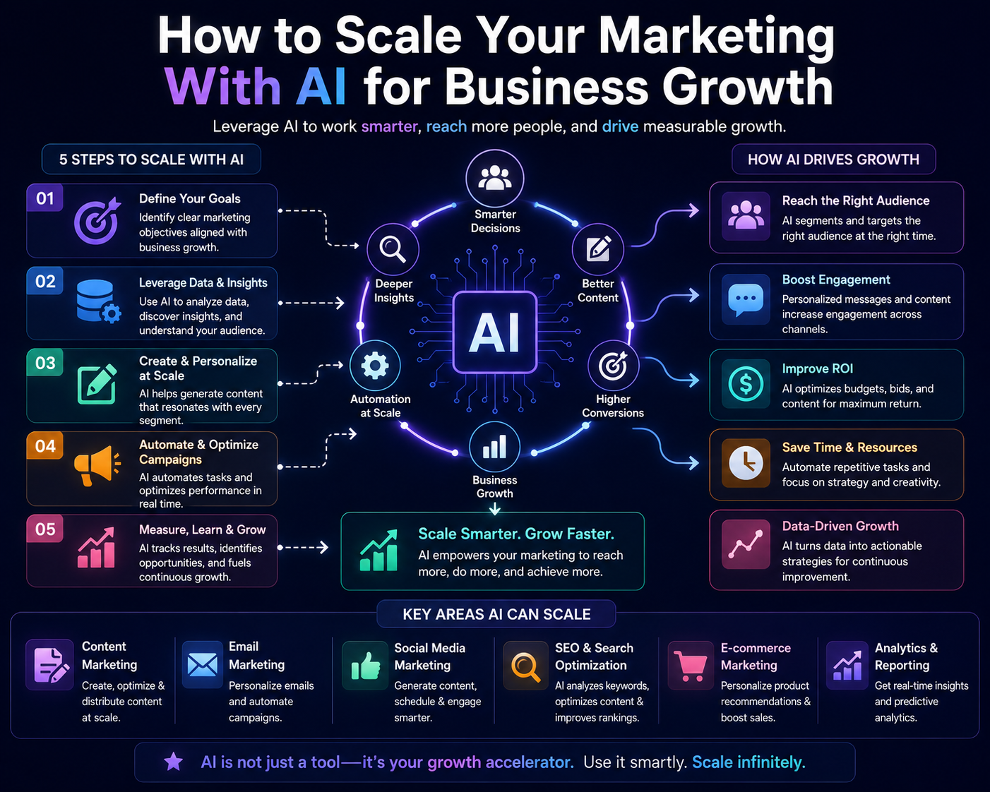Learn how to scale your marketing with AI for business growth using automation, content creation, personalization, analytics, and smarter campaigns
